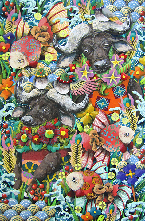 「2021年丑年 年賀状」14.8cm×10cm(葉書サイズ)　麻紙・水干絵具・岩絵具