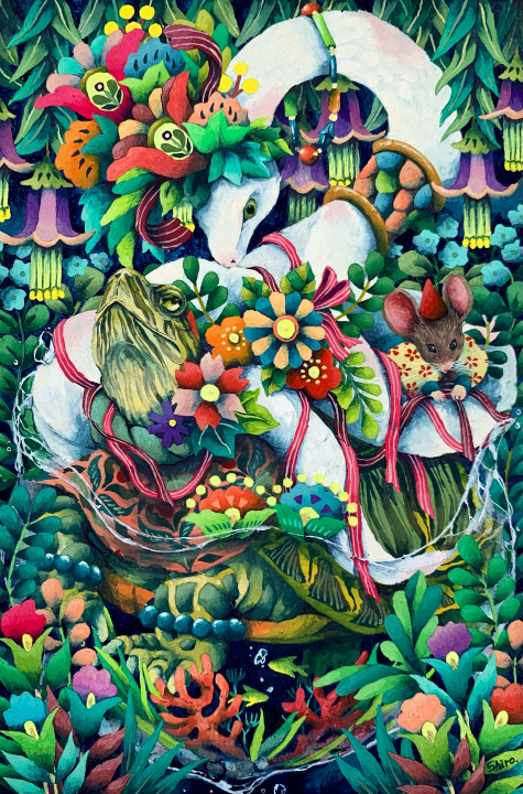 「2025年巳年 年賀状」14.8cm×10cm(葉書サイズ)　麻紙・水干絵具・岩絵具・アクリルガッシュ