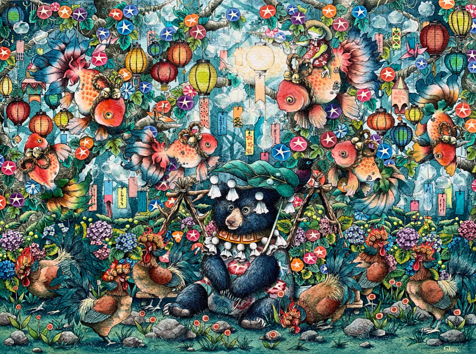 「朝顔のビオトープ」23cm×31cm　水彩紙・ミリペン・水彩絵具・アクリルガッシュ・色鉛筆