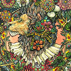 「Lion making starry sky」27cm×19.5cm 紅茶染めした紙・水彩絵具・カラーインク・アクリルガッシュ