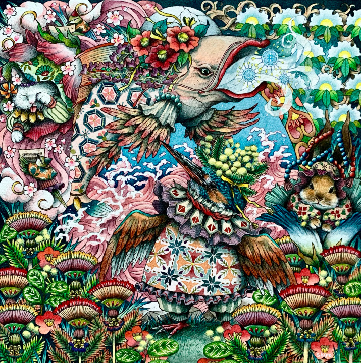 「春来」20cm×20cm　水彩紙・ミリペン・水彩絵具・アクリル絵具・色鉛筆