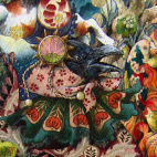 「八衢の八咫烏と日月・星座達」20cm×20cm 水彩紙(アルシュ)・水彩絵具・アクリルガッシュ・色鉛筆